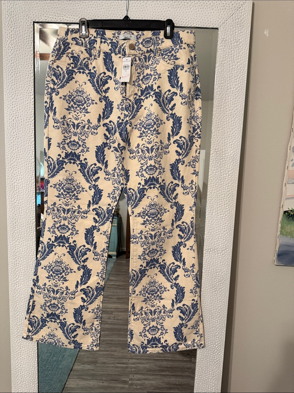 Ann Taylor Cream Jeans with Blue Damask Print - Boot Cut